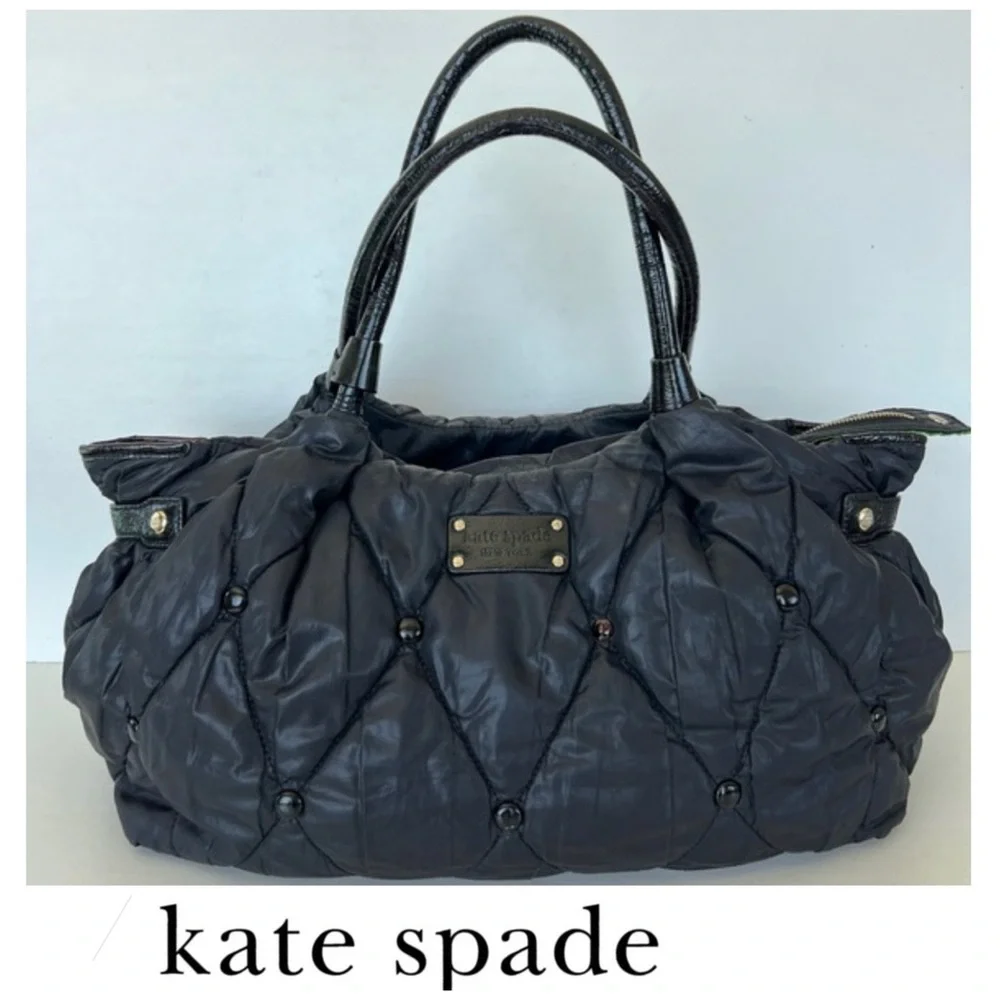 KATE SPADE Stevie Black Quilted Nylon Patent Leather Studded Shoulder Bag Tote